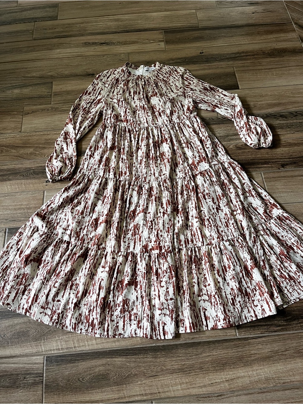 Creative Genius Long Tiered Boho Dress in Cream & Rust Splatter EUC